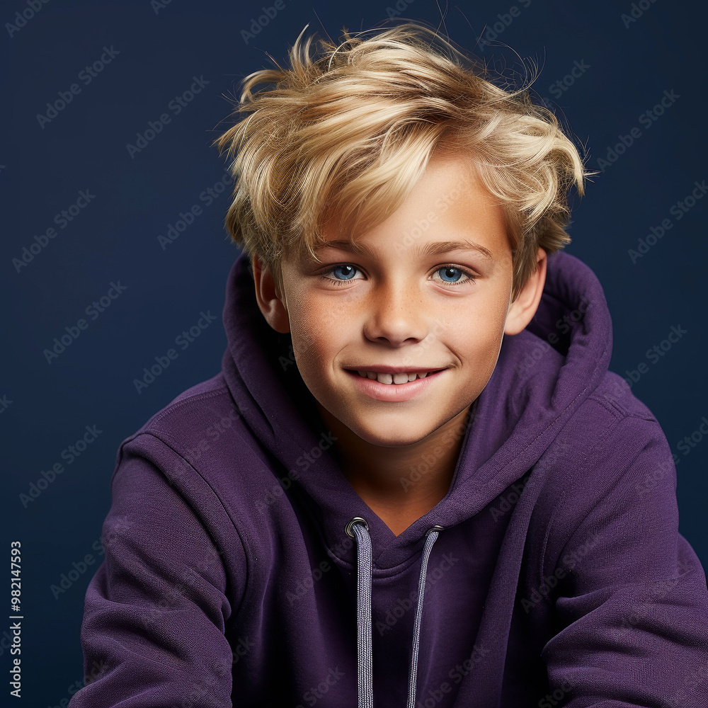 Smiling pre-teen boy in purple hoodie against a dark background Smiling pre-teen boy in purple hoodie against a dark background