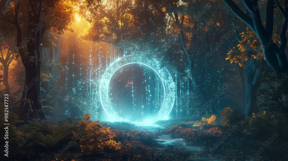 Obraz premium Mystical Glowing Portal in Enchanted Forest - Fantasy Landscape
