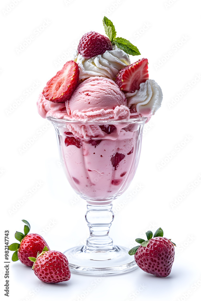 A sundae glass filled with delicious strawberry ice cream, topped with topping and fresh strawberries, isolated on a white background A sundae glass filled with delicious strawberry ice cream, topped with topping and fresh strawberries, isolated on a white background