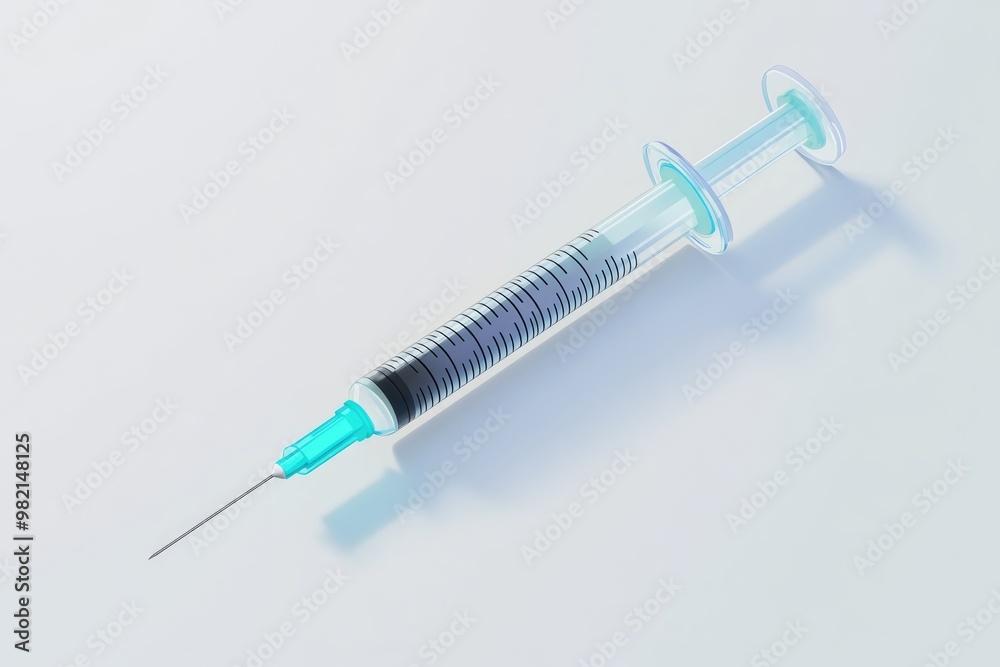 Realistic disposable syringe with needle Ideal for vaccination concepts and designs Suitable for vaccine injection featuring a 3D plastic syringe in a 2D cartoon illustration