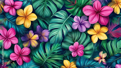 Colorful tropical flowers and leaves seamless pattern.