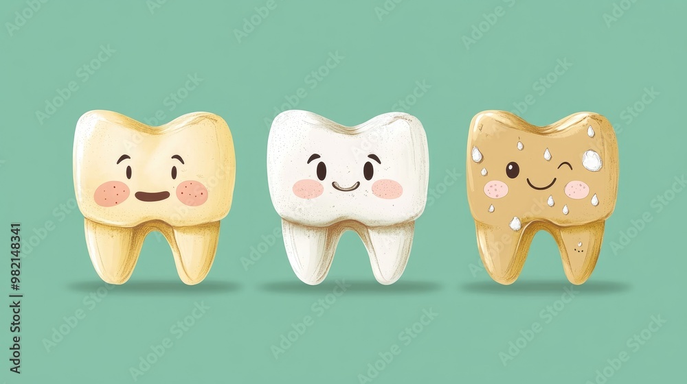 Obraz premium Stages of tooth decay a healthy tooth the development of dental plaque and subsequent caries leading to cavities Adorable cartoon illustration set against a green background emphasizing dental car