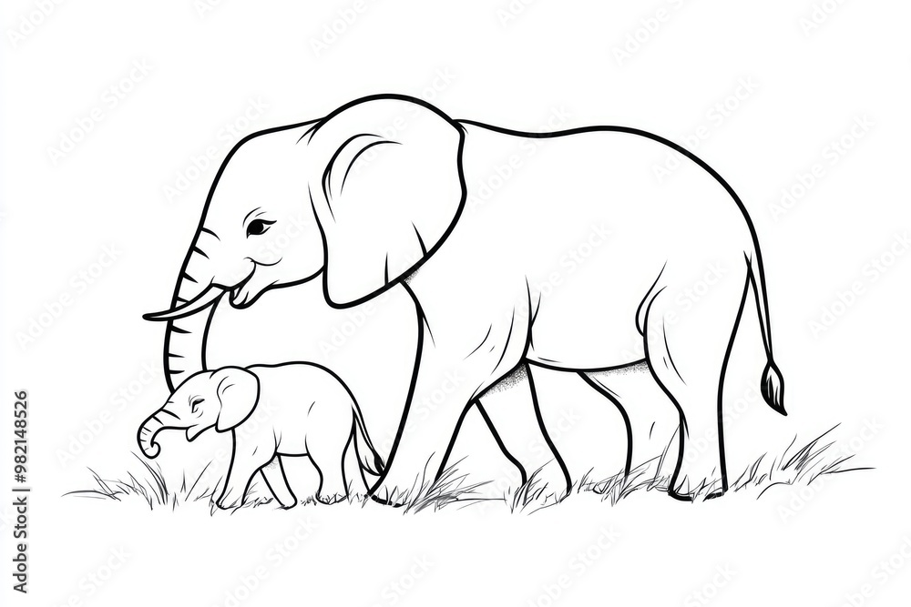 Line drawing of a baby elephant beside its mother depicted in a 2D cartoon style Line drawing of a baby elephant beside its mother depicted in a 2D cartoon style