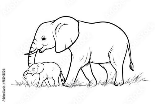 Line drawing of a baby elephant beside its mother depicted in a 2D cartoon style photo