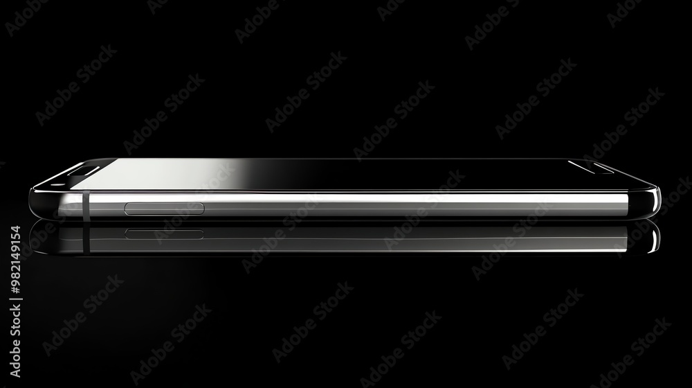 Black smartphone with a silver trim lying on a black reflective surface. Black smartphone with a silver trim lying on a black reflective surface.