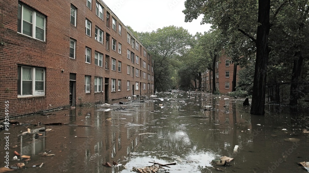 Flooded street with debris in front of brick apartment building Flooded street with debris in front of brick apartment building