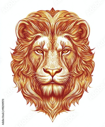 A stylized illustration of a lion's head with intricate details and warm colors.