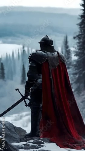 A medieval knight guards a rock spur over the forest of the far north