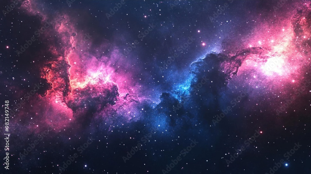 Obraz premium A deep space nebula with pink, blue, and white gas clouds and scattered stars in the dark background.