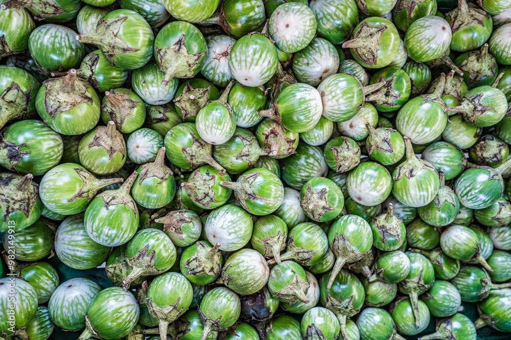 Small green aubergines eggplants in a bunch on a farmers market Small green aubergines eggplants in a bunch on a farmers market