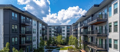 New apartment buildings featuring windows and balconies in a modern architectural style complemented by outdoor amenities in a mixed media format photo