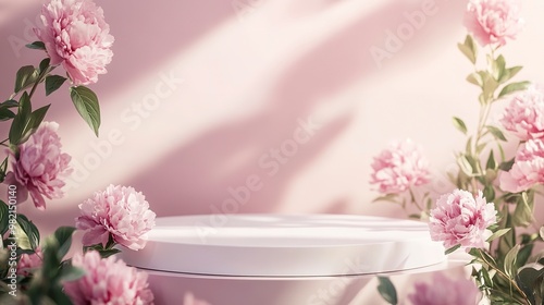 Empty white podium on peony flower garden pink pastel background with warm morning light for product presentation