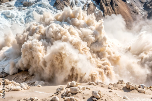 Massive avalanche tumbling down mountain slopes