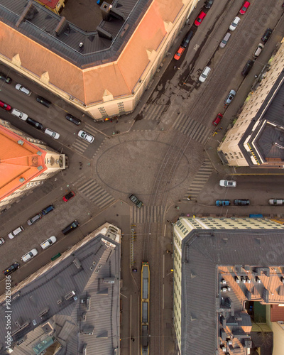 Top down aerial of a crossroad in Helsinki separated five ways