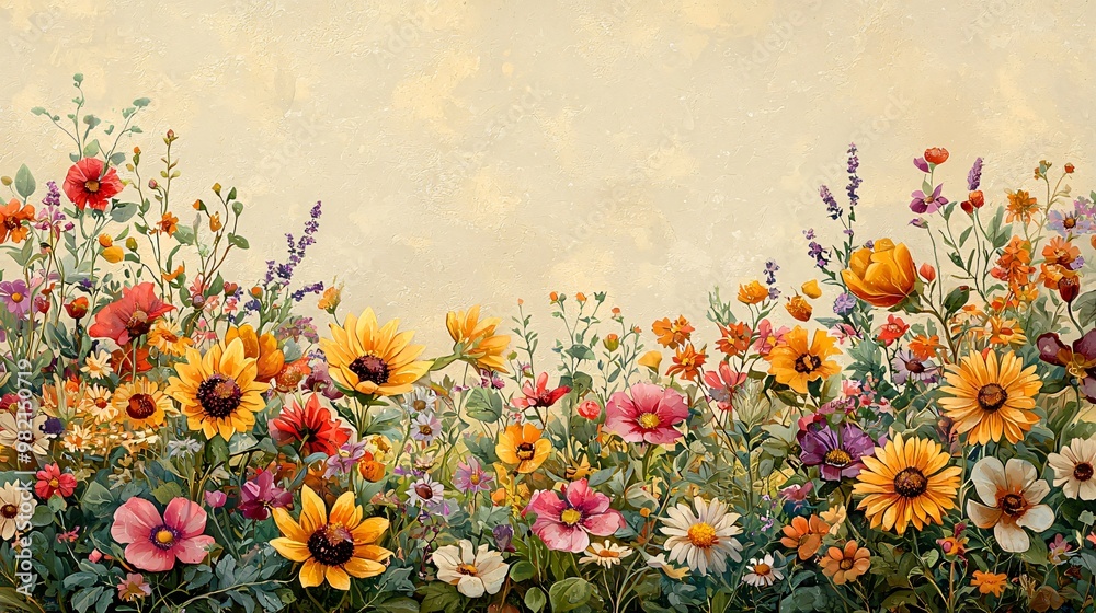 A vibrant floral border featuring sunflowers, daisies, and wildflowers, ideal for Thanksgiving and Halloween invitations or décor, with ample copy space. A vibrant floral border featuring sunflowers, daisies, and wildflowers, ideal for Thanksgiving and Halloween invitations or décor, with ample copy space.