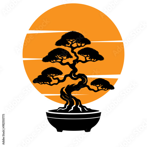 bonsai with sun logo design silhouette icon vector