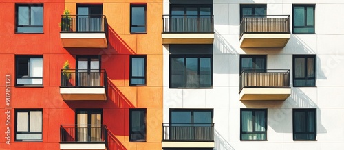 New apartment structures featuring windows and balconies Contemporary residential complex with outdoor amenities Mixed media