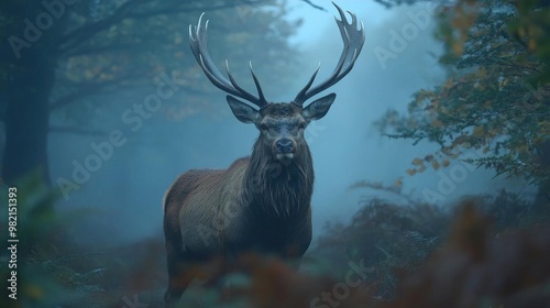 A majestic red deer stag stands in a foggy forest, its antlers reaching up towards the sky.