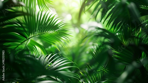 Lush Tropical Jungle Foliage in Daylight - Vibrant Green Palm Leaves Background for Nature and Environmental Themes