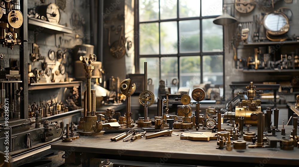 A workshop with a table full of brass instruments, machinery and tools. A workshop with a table full of brass instruments, machinery and tools.