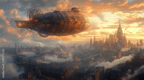 A steampunk airship flies over a futuristic city during sunset. photo