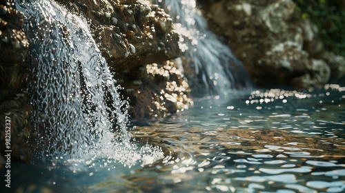 Tranquil Waterfall Cascading Over Rocks into a Clear Pool of Water in Nature Photograph, Perfect for Relaxation, Nature, and Serenity Themes