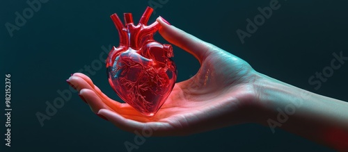 Female hand presenting a model of the anatomical heart Mixed media