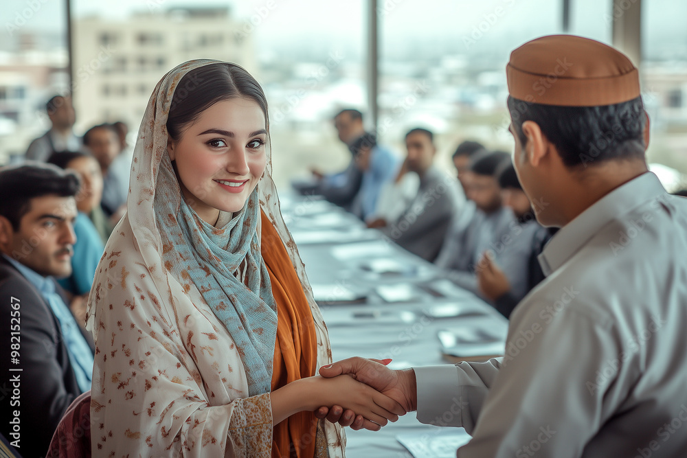 A warm handshake between a smiling woman and a man during a formal gathering in a city building, promoting unity and collaboration. Generative AI. A warm handshake between a smiling woman and a man during a formal gathering in a city building, promoting unity and collaboration. Generative AI.