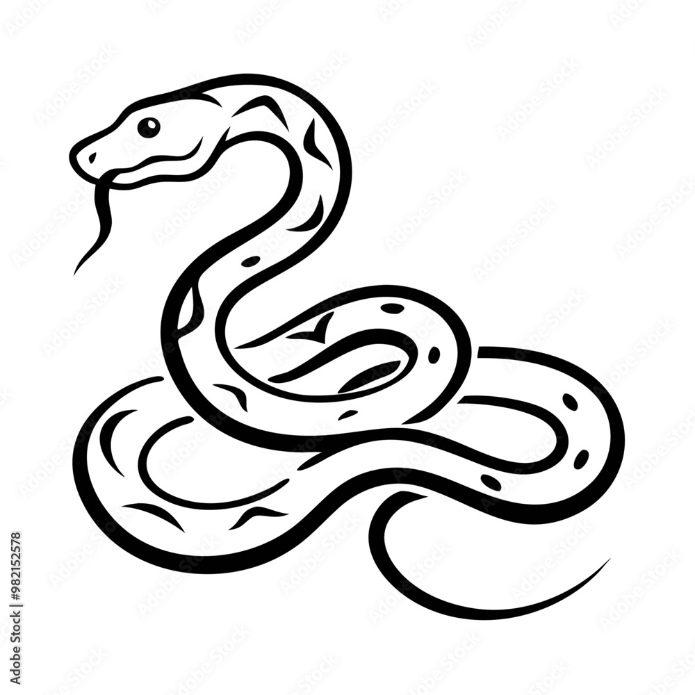 Fototapeta premium Icon of a snake coiling with forked tongue, bold design on a white background, copy space