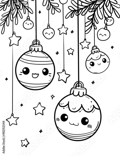 black and white kawaii Christmas illustration. Cute Christmas coloring page