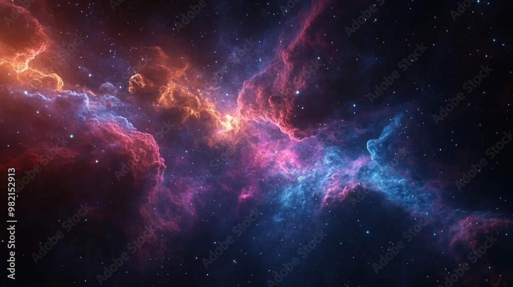 Fototapeta premium A vast cosmic landscape with swirling clouds of gas and dust illuminated by distant stars.