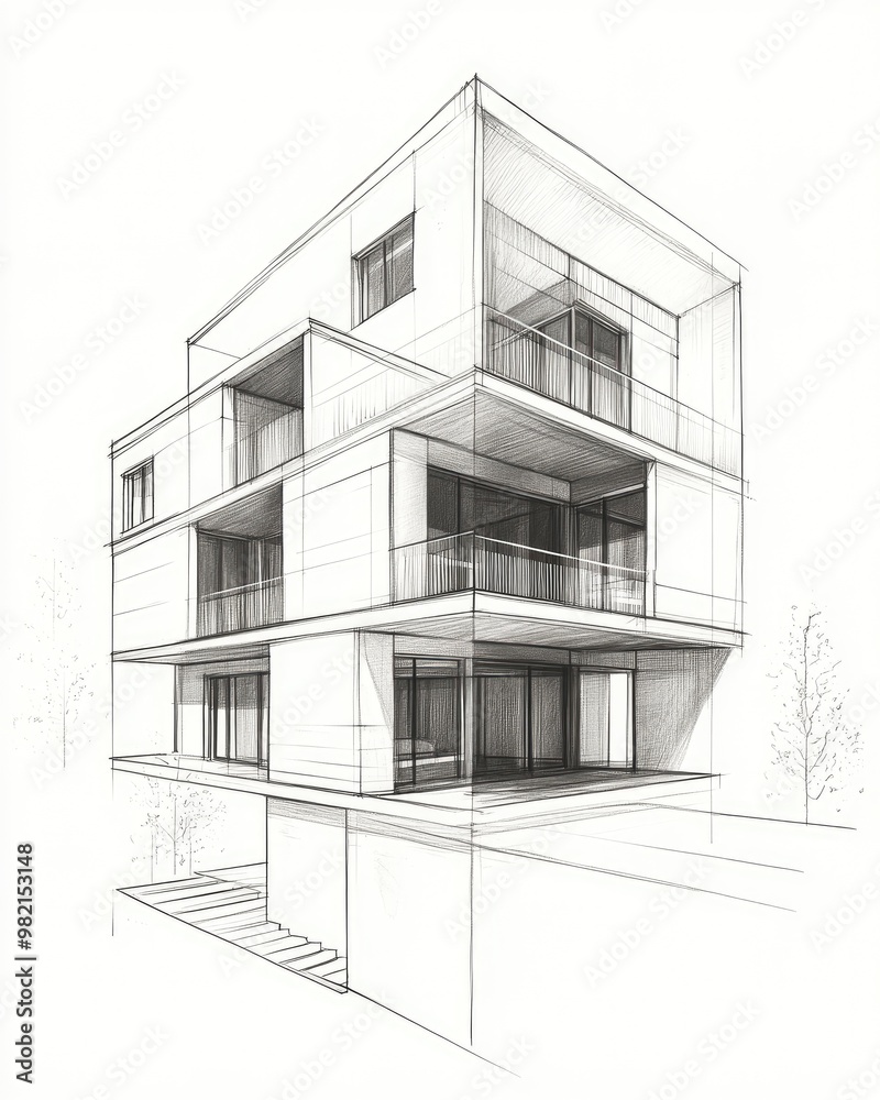 Line art depiction of architectural concepts for residential buildings featuring a three dimensional sketch style Line art depiction of architectural concepts for residential buildings featuring a three dimensional sketch style