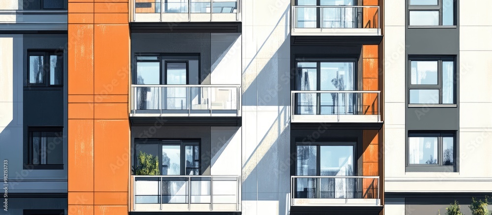 Contemporary apartment structures featuring windows and balconies showcasing modern design with outdoor amenities Mixed media representation Contemporary apartment structures featuring windows and balconies showcasing modern design with outdoor amenities Mixed media representation