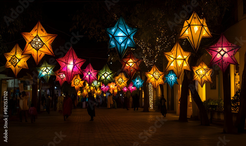 Series of colourful aakash kandil lights displayed in Pune city area photo