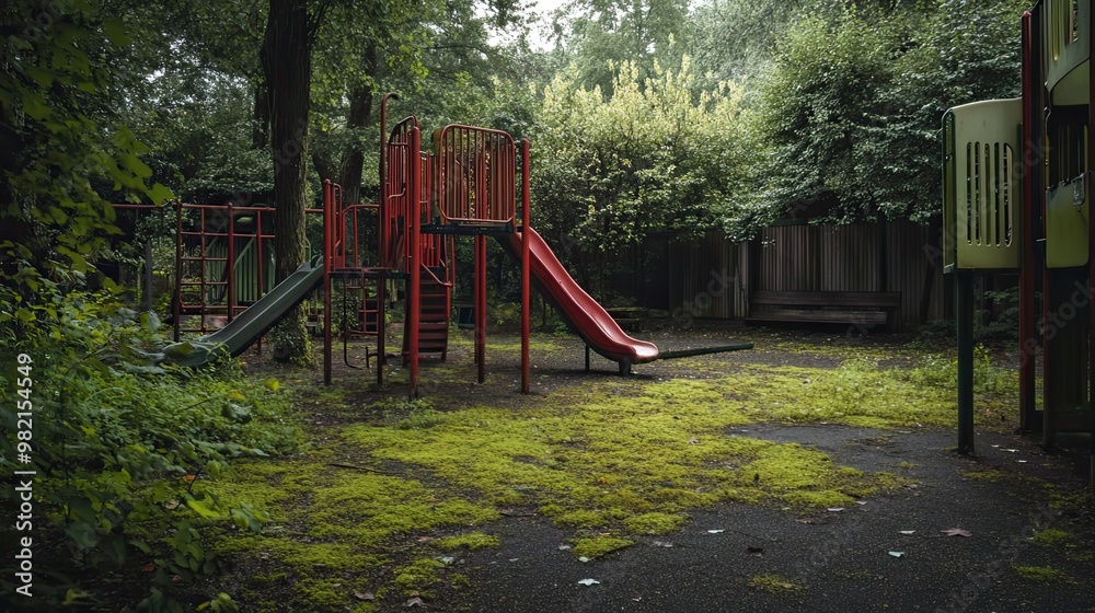 Abandoned Playground with Red Slide and Mossy Ground Abandoned Playground with Red Slide and Mossy Ground