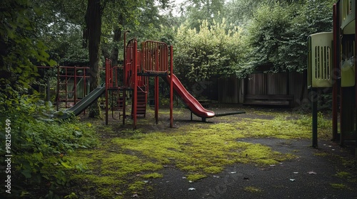 Abandoned Playground with Red Slide and Mossy Ground