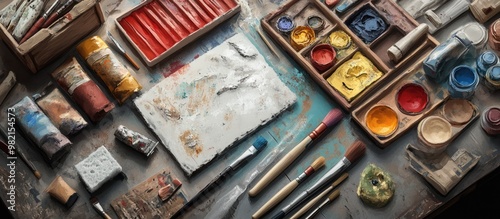 A collection of various mediums including oil paints foam and a paintbrush displayed on a palette photo