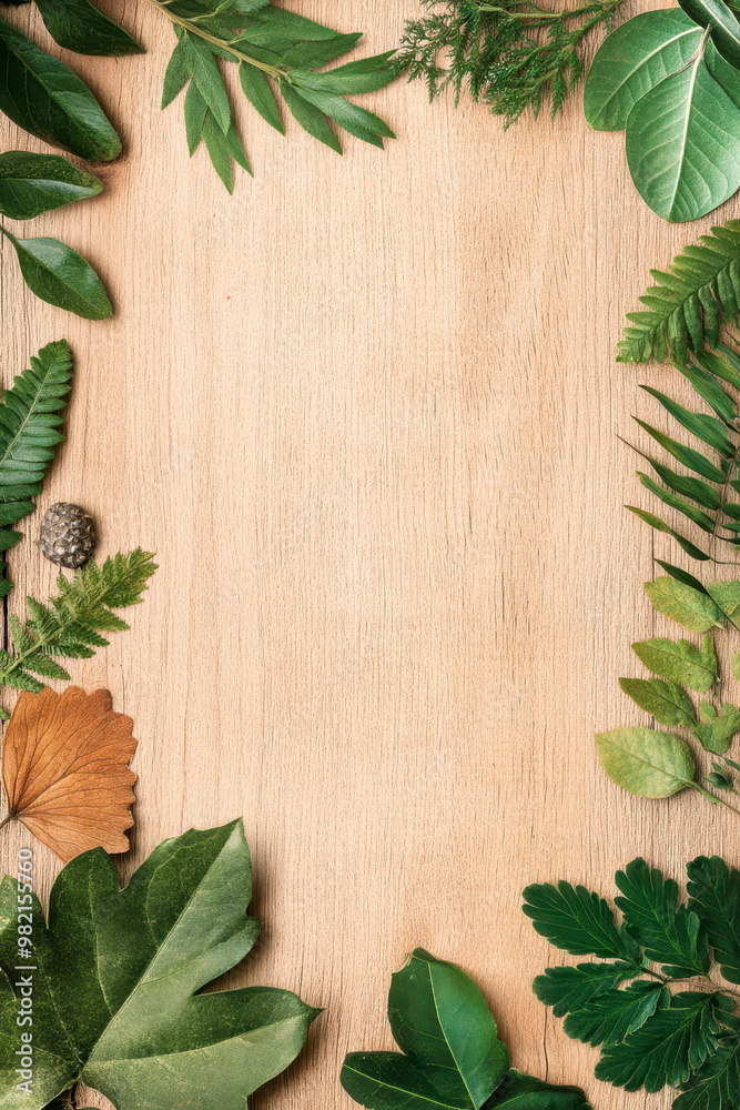 Natural frame of assorted leaves on a wooden background, ideal for eco-friendly themes and creative projects. Natural frame of assorted leaves on a wooden background, ideal for eco-friendly themes and creative projects.