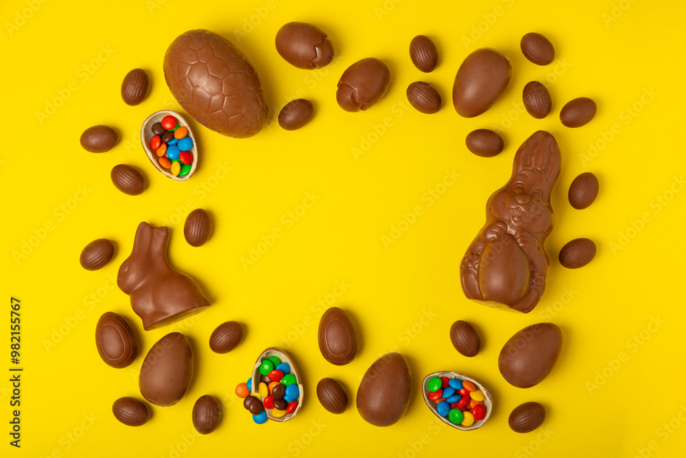 Easter chocolate egg on textured background. Easter celebration concept. Easter chocolate rabbit. Chocolate sweet eggs. Candies on textured wooden table. Space for text.Copy space. Gift. Banner. Easter chocolate egg on textured background. Easter celebration concept. Easter chocolate rabbit. Chocolate sweet eggs. Candies on textured wooden table. Space for text.Copy space. Gift. Banner.