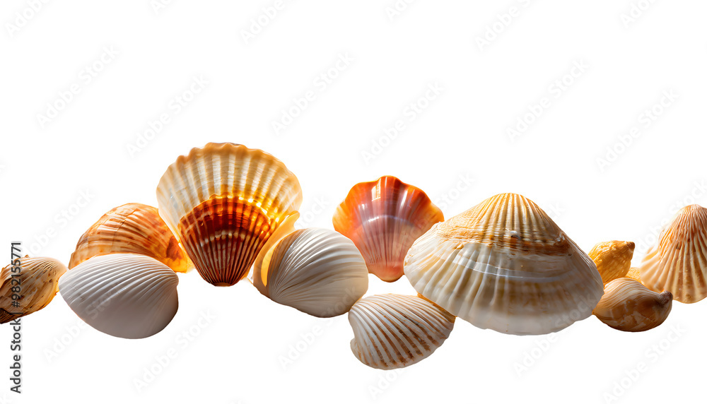 Paint a collection of seashells on a sandy beach, illuminated by the warm hues of a sunset. Generative AI. Paint a collection of seashells on a sandy beach, illuminated by the warm hues of a sunset. Generative AI.