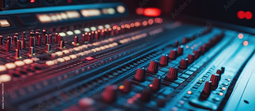 Close up of a sound mixing console in a recording studio Close up of a sound mixing console in a recording studio