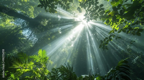 Sunlight Filtering Through Lush Tropical Rainforest Canopy