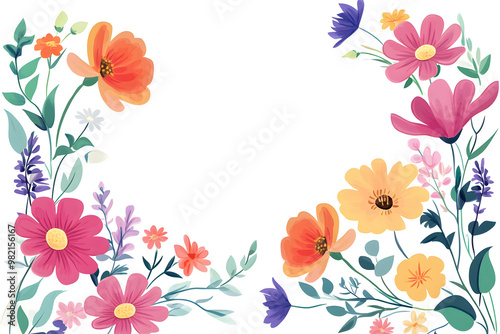 Bright and lively floral border design with an array of multicolored flowers, isolated on white