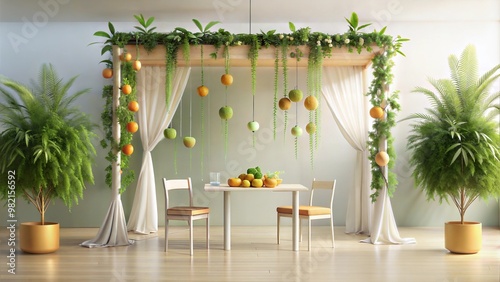 Decorative concept of sukkah with fruit arrangement and greenery for festive celebration photo