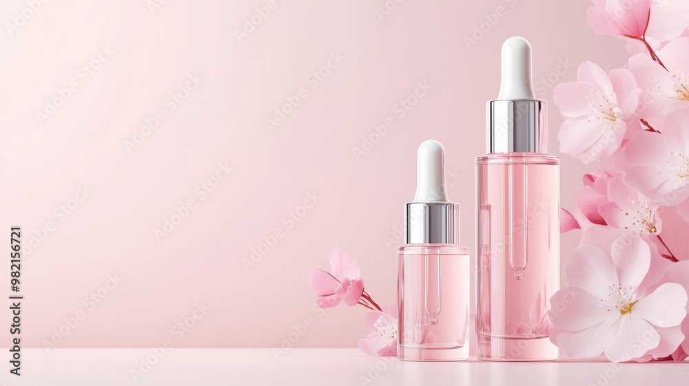 Elegant beauty serum bottles surrounded by delicate pink blossoms, showcasing a serene and luxurious skincare atmosphere. Elegant beauty serum bottles surrounded by delicate pink blossoms, showcasing a serene and luxurious skincare atmosphere.
