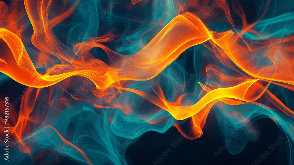 Bright streaks of neon orange and cyan smoke twist and swirl dynamically, creating an energetic abstract background with vibrant, flowing colors.
