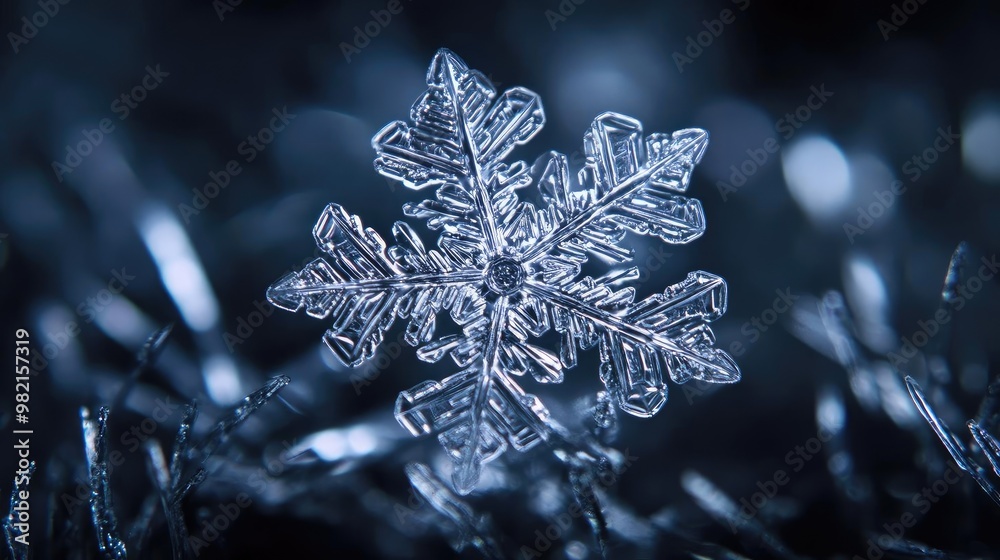 A close-up of a delicate snowflake showcasing intricate ice crystal details against a dark, blurred background. A close-up of a delicate snowflake showcasing intricate ice crystal details against a dark, blurred background.