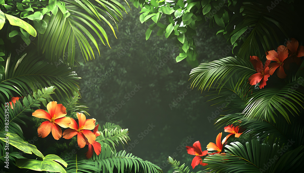 A lush jungle scene with vibrant green leaves and exotic flowers, bringing the warmth of the tropics to your screen A lush jungle scene with vibrant green leaves and exotic flowers, bringing the warmth of the tropics to your screen