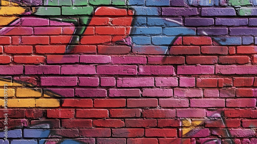 A brick wall painted in colorful hues of pink, red, yellow, green, and blue. A brick wall painted in colorful hues of pink, red, yellow, green, and blue.