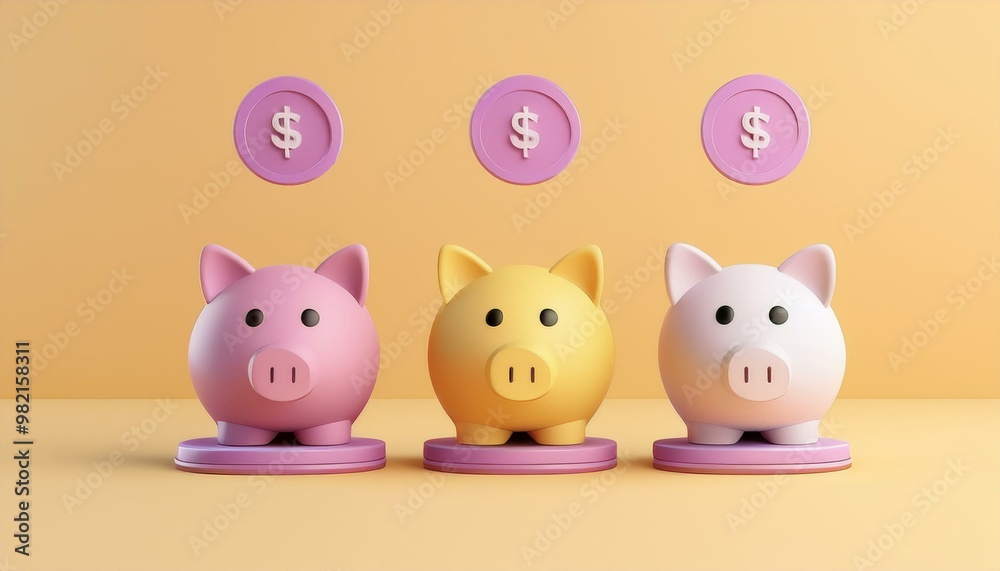 Colorful piggy banks with coins symbolize saving money and financial planning in a cheerful and vibrant setting. Colorful piggy banks with coins symbolize saving money and financial planning in a cheerful and vibrant setting.